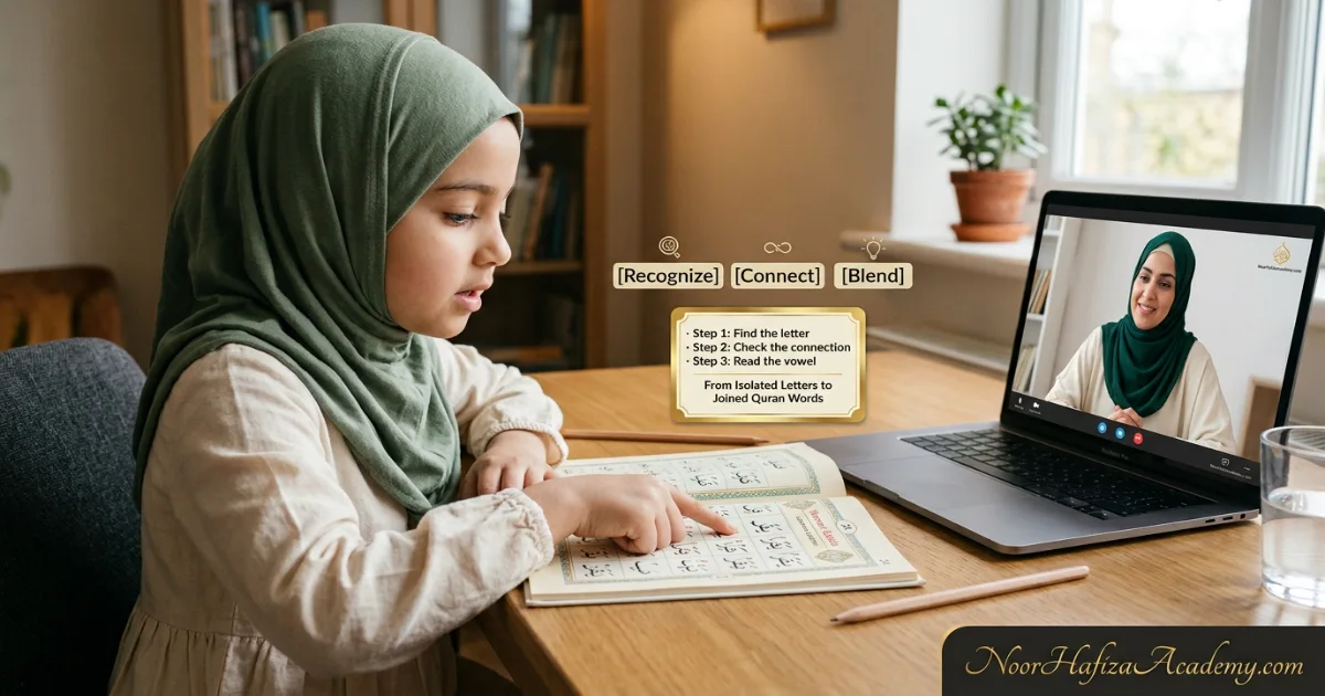 Muslim girl practising joined Arabic letters in Noorani Qaida with a female Quran teacher