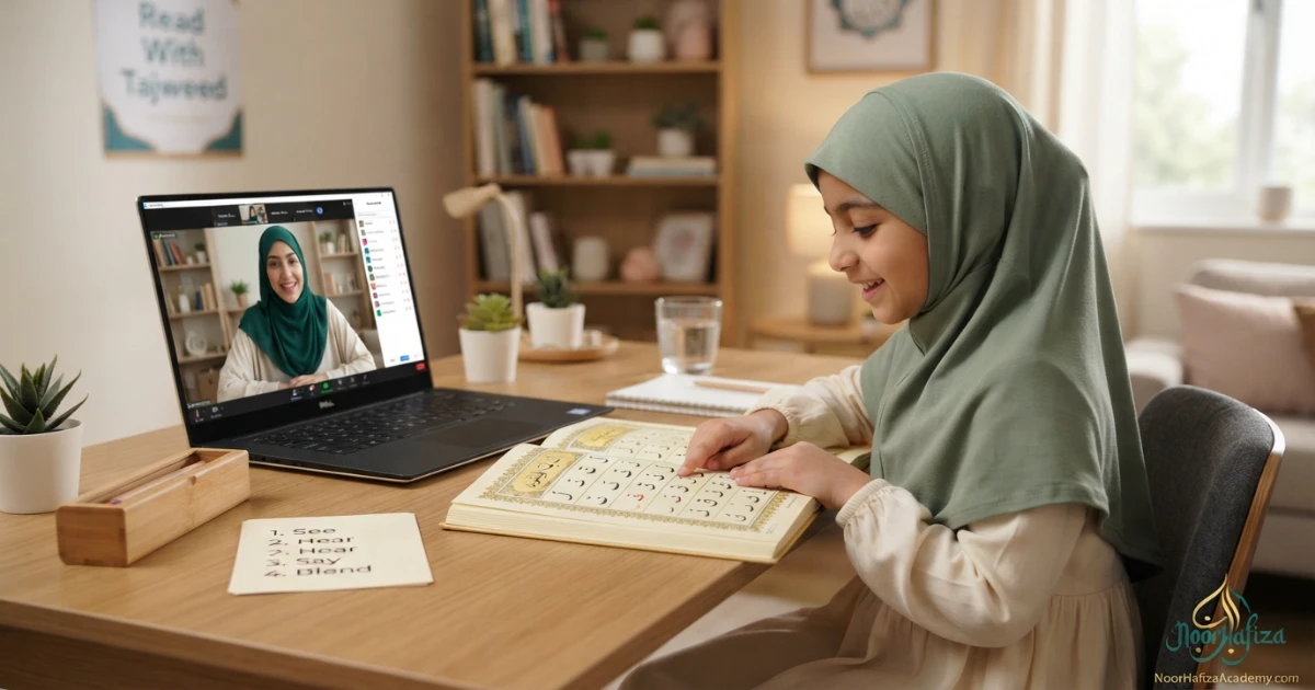 Muslim girl practising Arabic alphabet and joined-letter recognition in Noorani Qaida with a female teacher