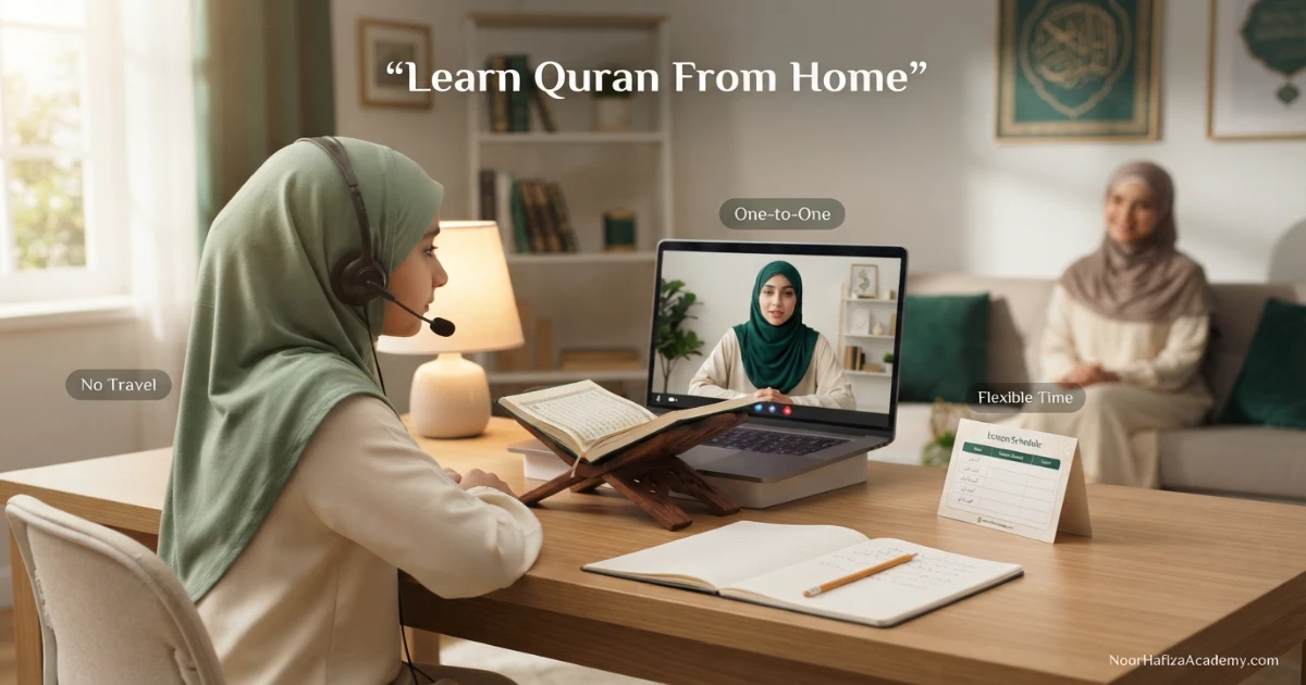 Muslim girl learning Quran online at home with a female Quran teacher on a laptop