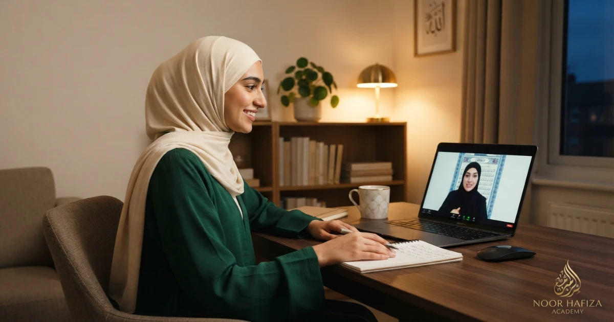 New Muslim woman attending a private online Quran class with a qualified female Quran teacher