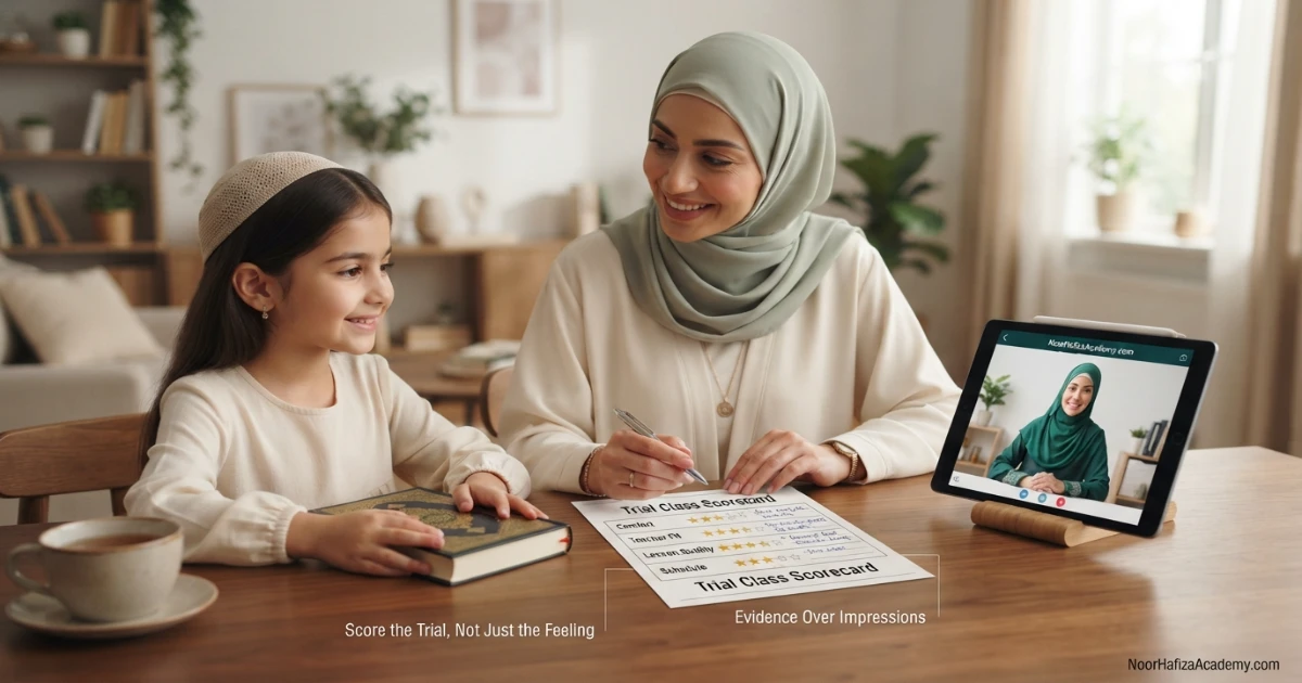 Parent checking online Quran class safety privacy supervision and communication before enrollment
