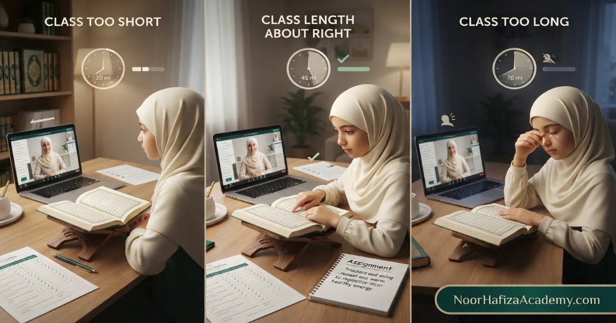 Quran class length by course for Noorani Qaida Quran reading Tajweed Hifz and Islamic Studies