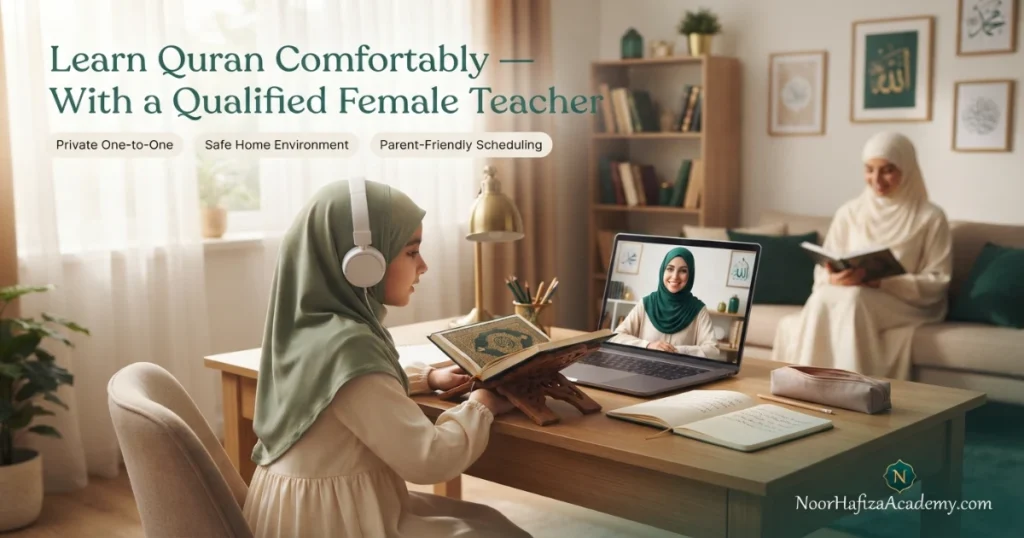 Online Quran classes for girls with a qualified female Quran teacher teaching a Muslim girl from home