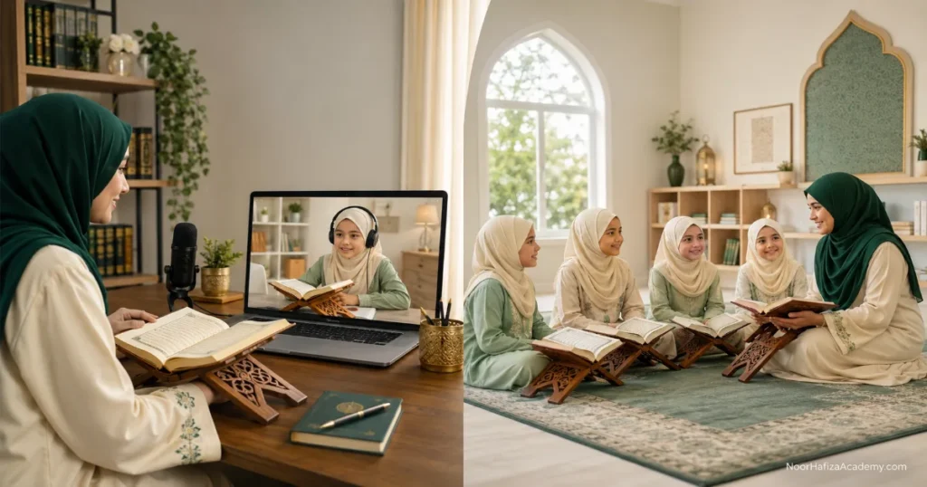Online Quran classes vs in-person madrasa comparison showing a female Quran teacher teaching a girl online and girls learning together in a madrasa