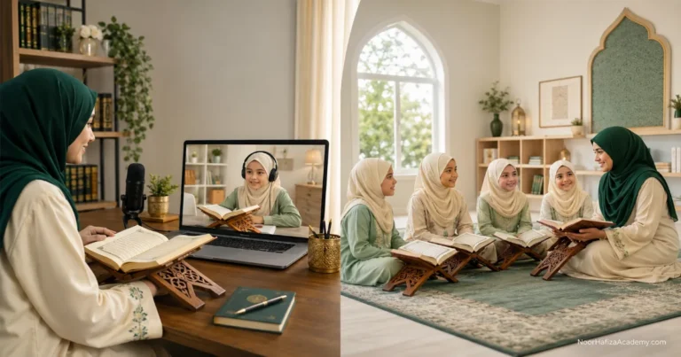 Online Quran classes vs in-person madrasa comparison showing a female Quran teacher teaching a girl online and girls learning together in a madrasa