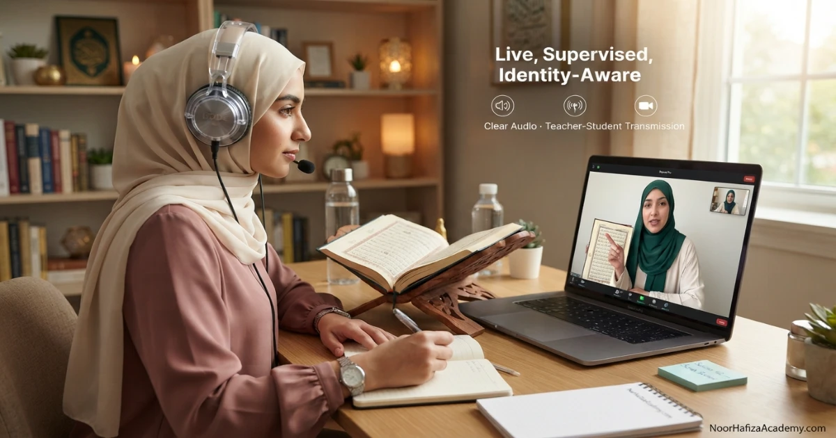 Muslim woman studying for an online Quran ijazah with a qualified female Quran teacher