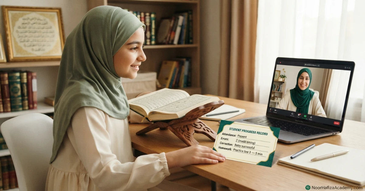Online Quran lesson progress record showing attendance reading accuracy Tajweed corrections and homework
