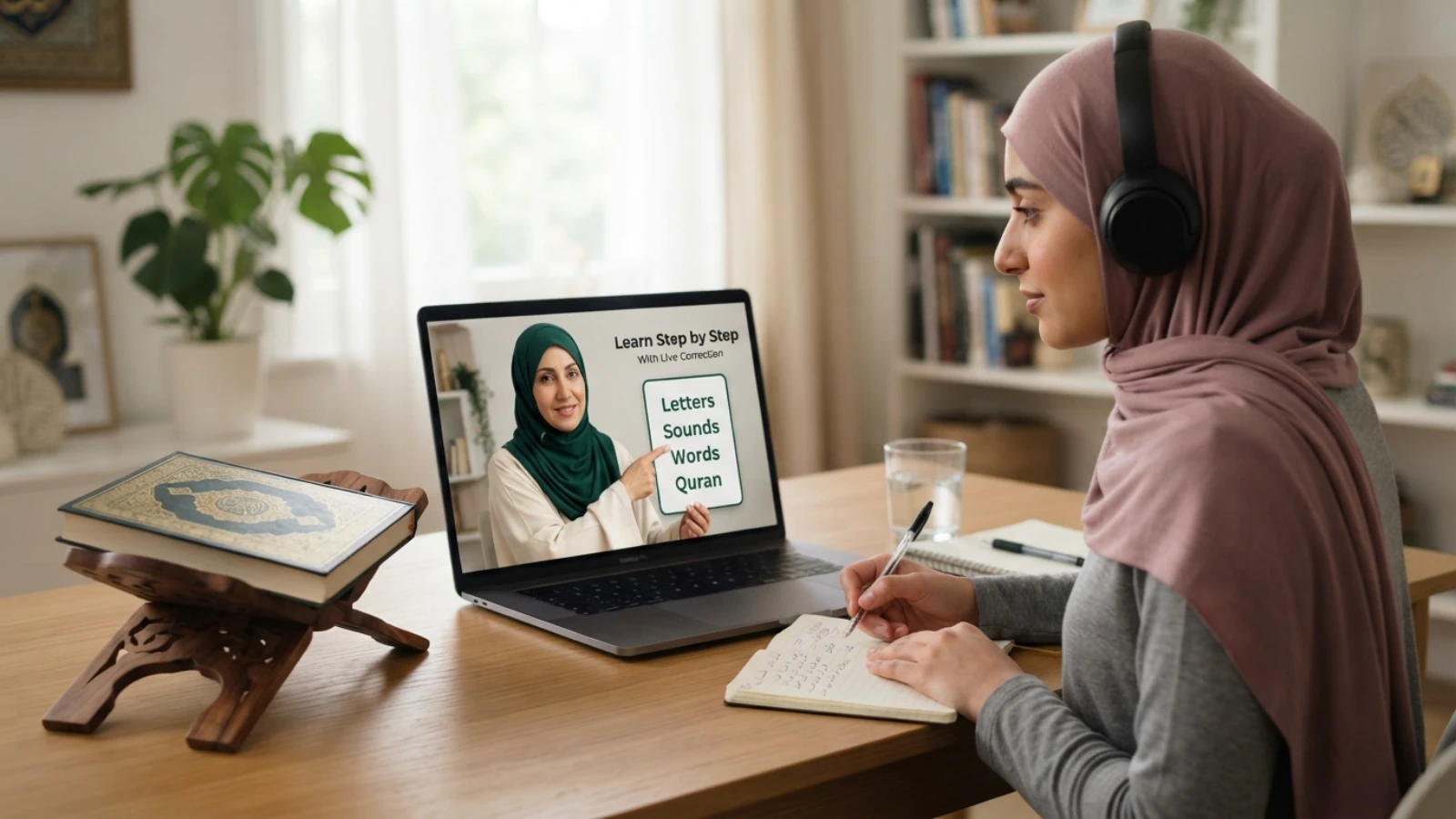 Female online Quran teacher helping a non-Arabic-speaking Muslim learner read Quran step by step