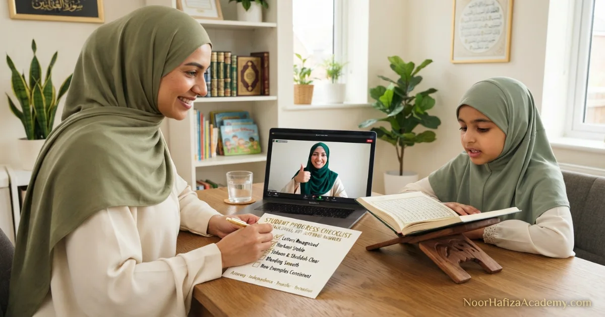 Parent Noorani Qaida progress checklist covering accuracy independence blending pronunciation and review