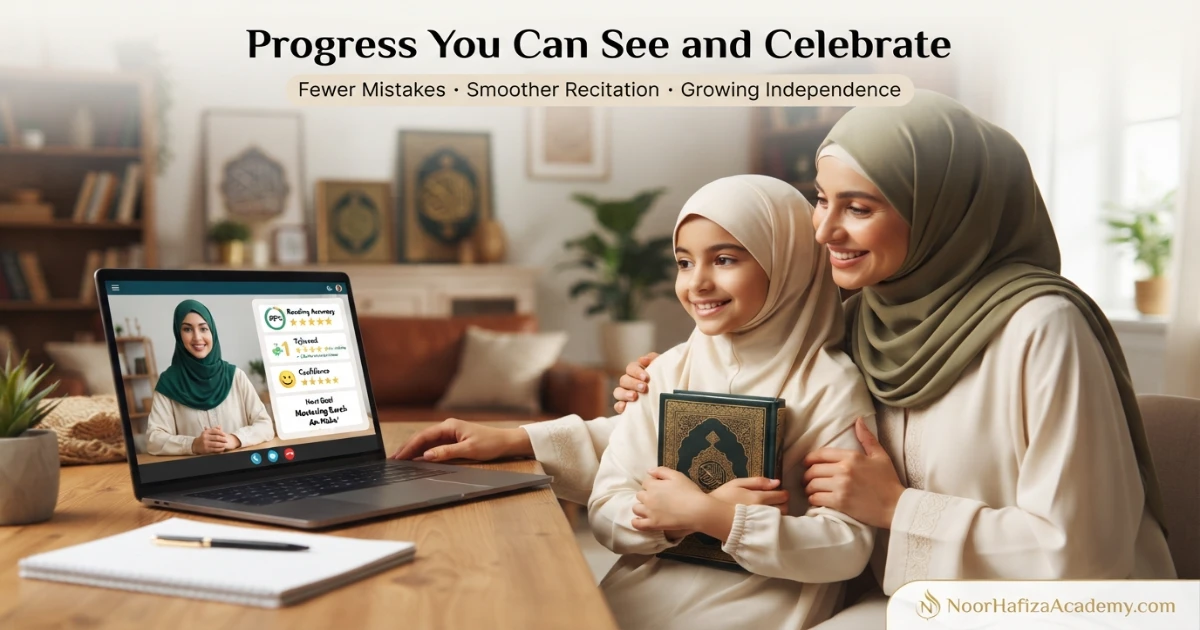 Mother and female Quran teacher reviewing a girl’s Quran reading Tajweed and Hifz progress online