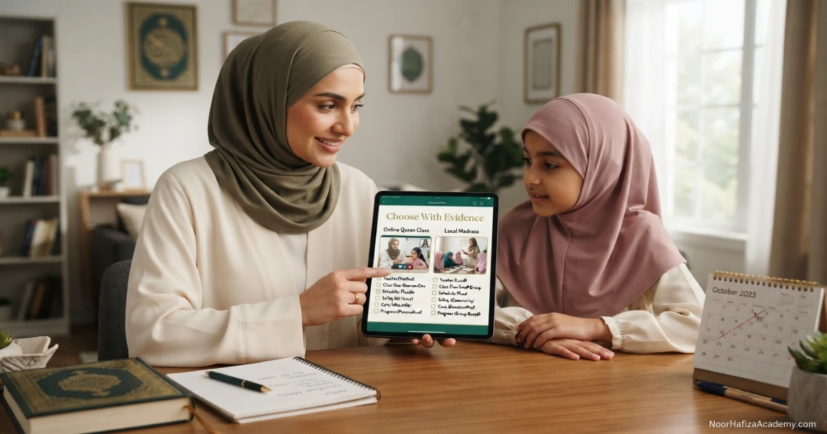 Parent comparing online Quran classes and local madrasa using a practical decision checklist