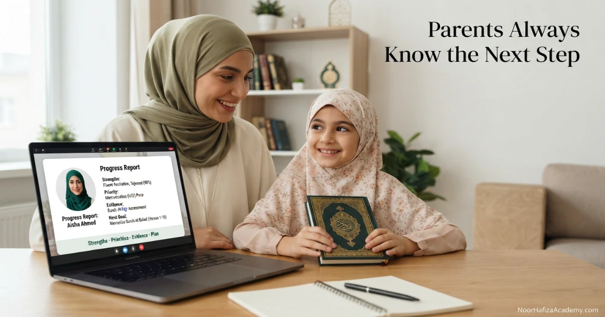Mother and female Quran teacher reviewing a child’s Quran progress report during an online meeting