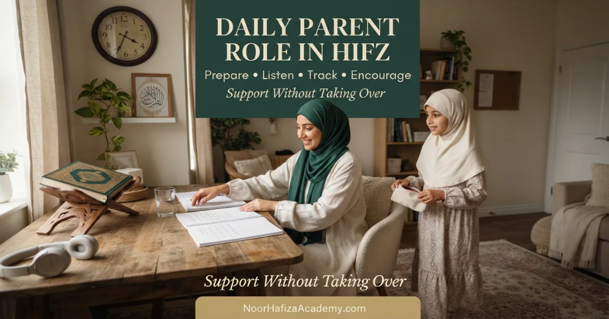 Parent role in a daily Hifz routine for a child including preparation listening revision and encouragement