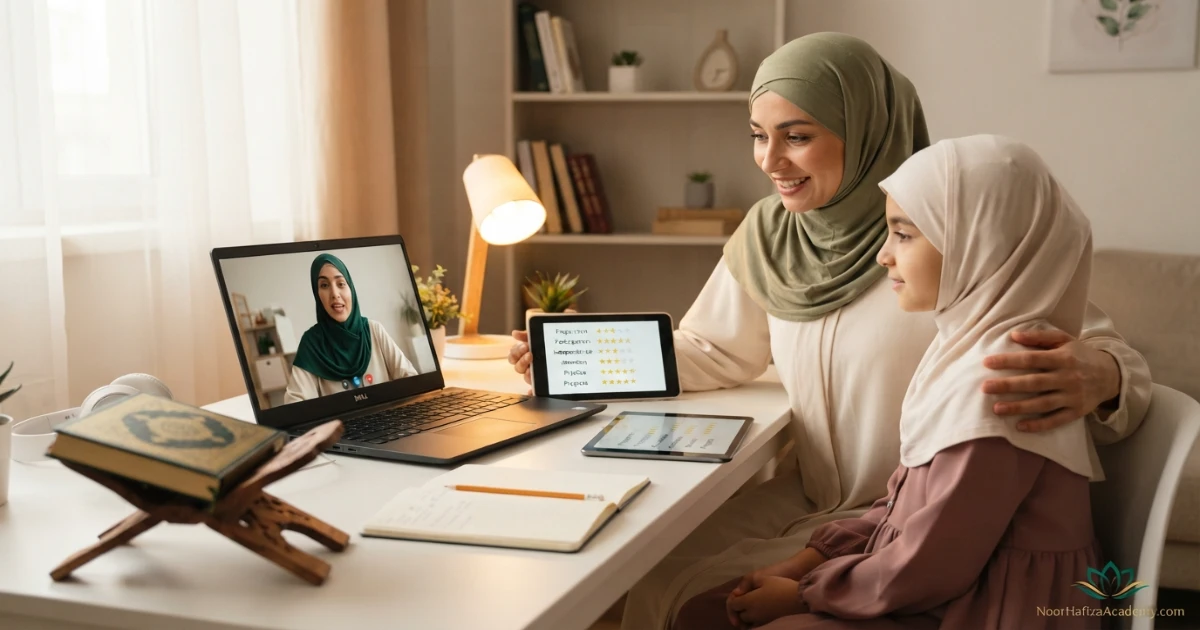 Female Quran teacher and mother reviewing a child’s attention participation practice and Quran class progress