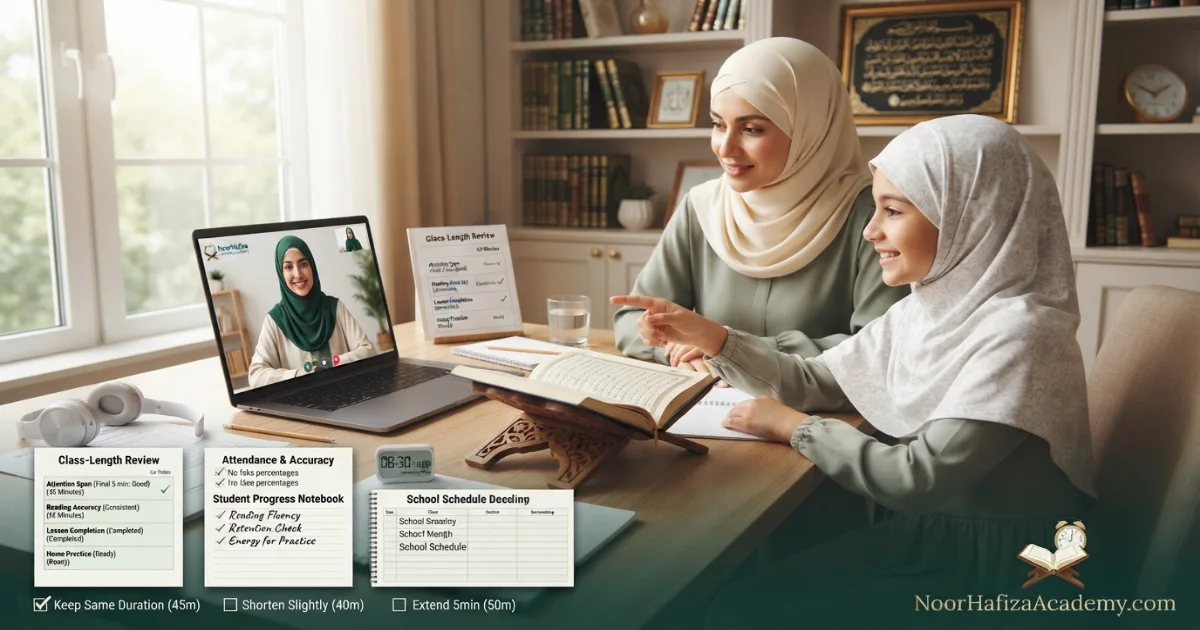 Female Quran teacher and mother reviewing the ideal online Quran class length for a child