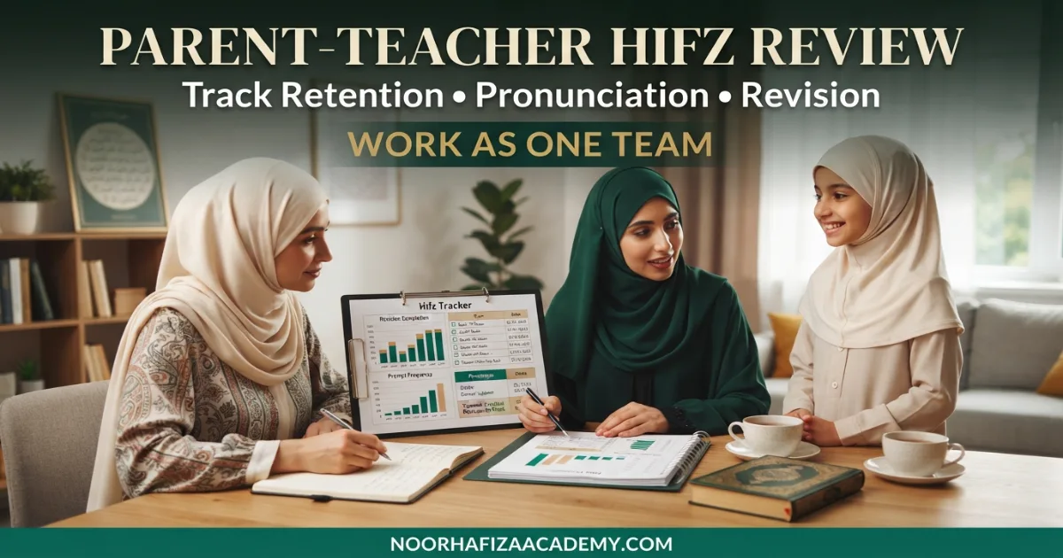 Female Quran teacher and mother reviewing a child’s Hifz retention pronunciation revision and weekly progress