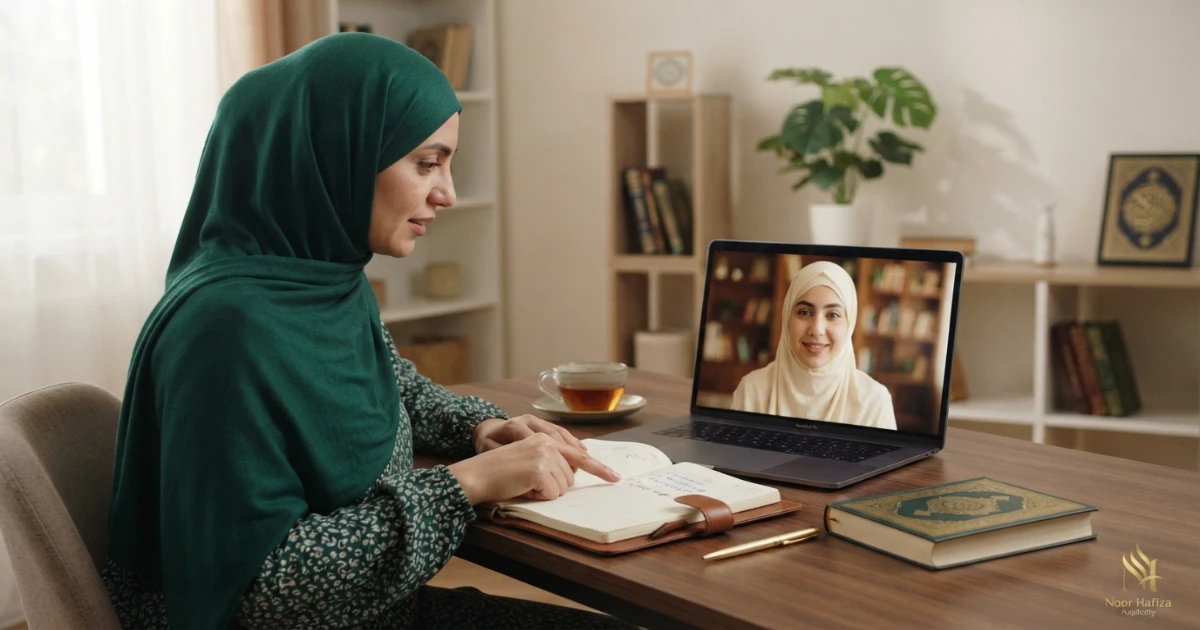 Mother and female Quran teacher reviewing a child’s Quran class timing difficulty attention and progress