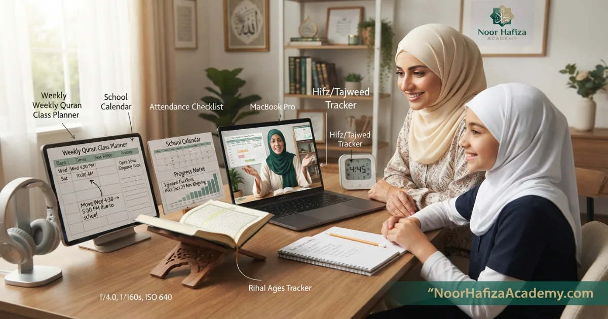 Female Quran teacher and mother reviewing a child’s weekly Quran class schedule and progress