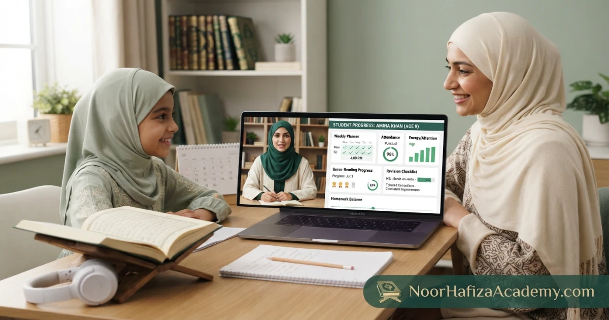 Female Quran teacher and mother reviewing a school-age child’s Quran class schedule energy attendance and progress