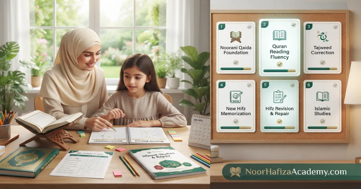 Summer Quran goal setting for children covering Qaida Quran reading Tajweed Hifz revision and Islamic Studies