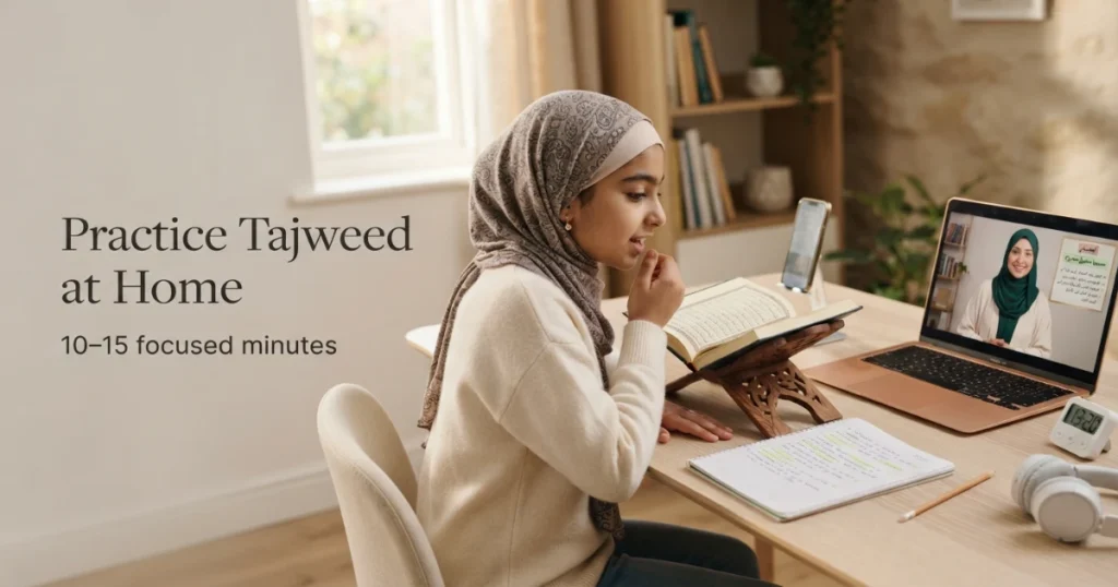 Muslim girl practicing Tajweed at home between online lessons with teacher notes Quran and voice recording
