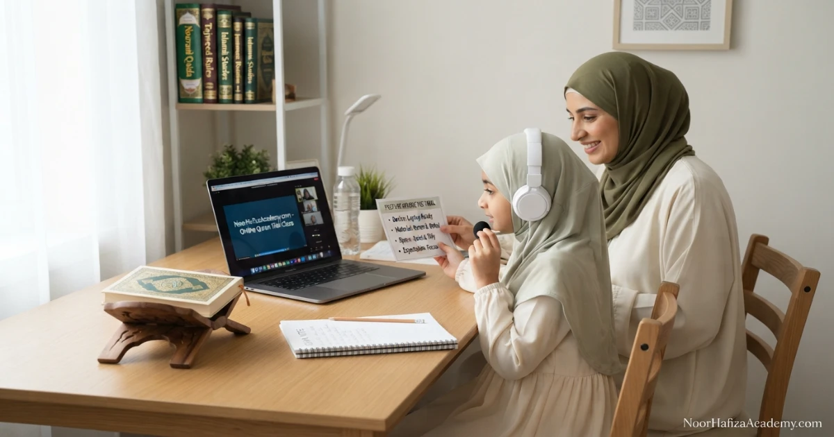Parent preparing a Muslim girl for a free online Quran trial class with device book headphones and a calm learning space