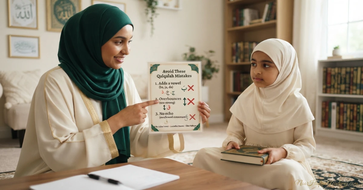 Beginner Qalqalah practice plan with letter recognition listening stopping and Quran reading review