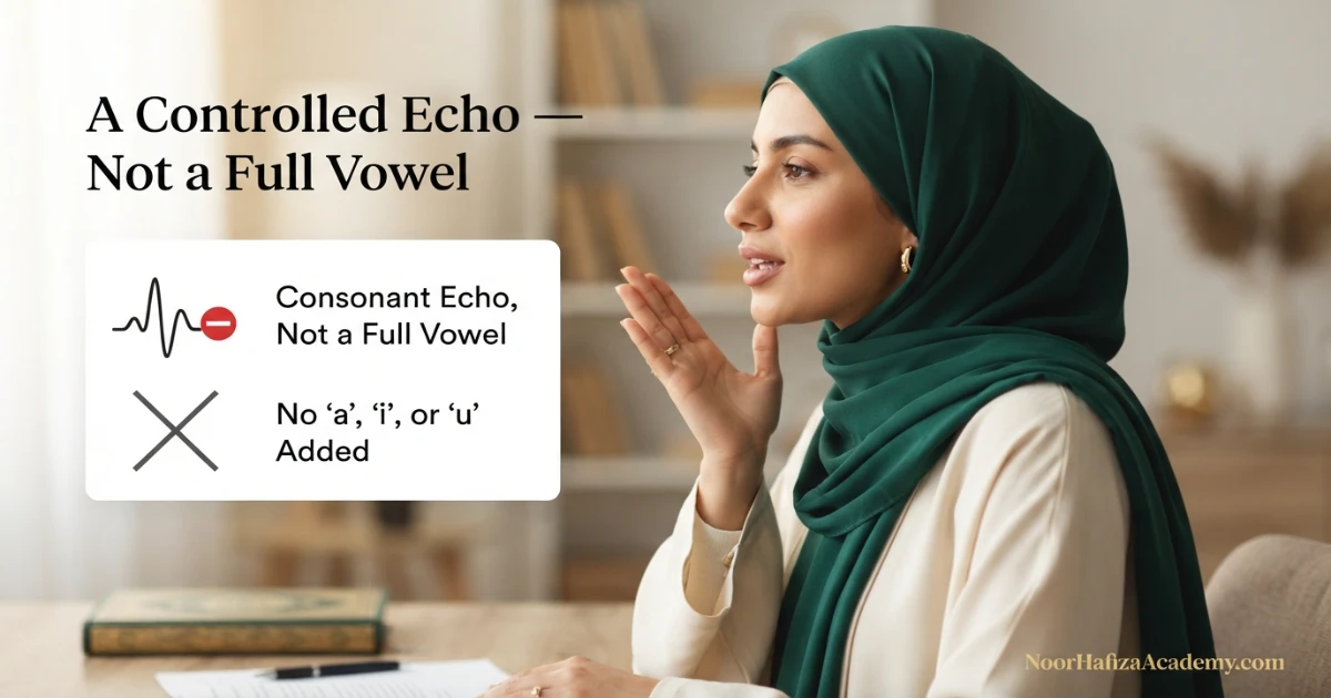 Female Quran teacher demonstrating how to pronounce Qalqalah without adding a full vowel
