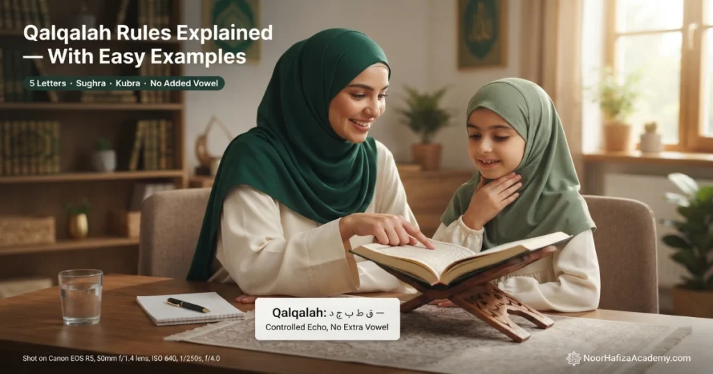Qalqalah rules explained with easy examples by a female Quran teacher for a beginner student