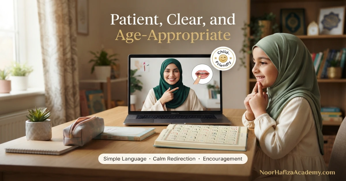 Qualified female Quran teacher using child-friendly communication during an online Quran class