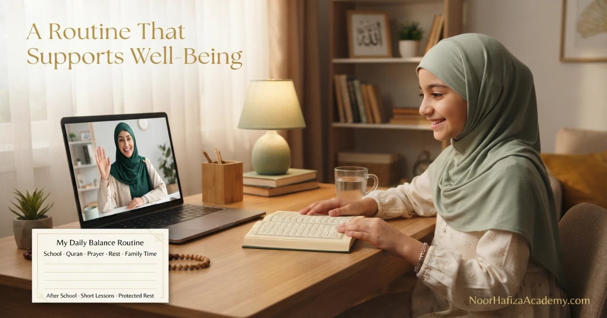 School-age Muslim girl following a balanced online Quran class schedule with study prayer and rest