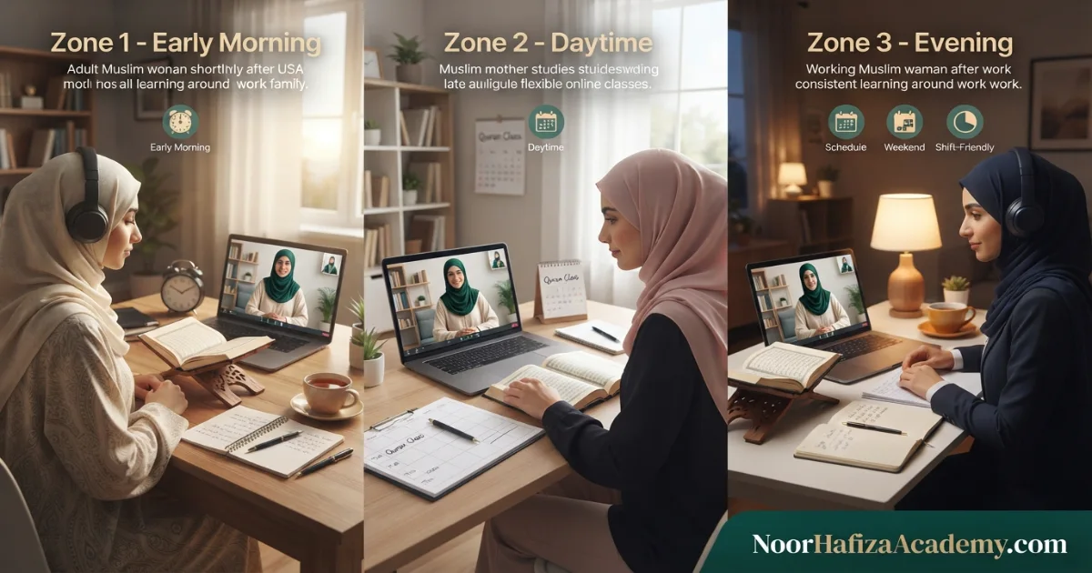 Online Quran class schedules for women in the USA including early morning daytime and evening options