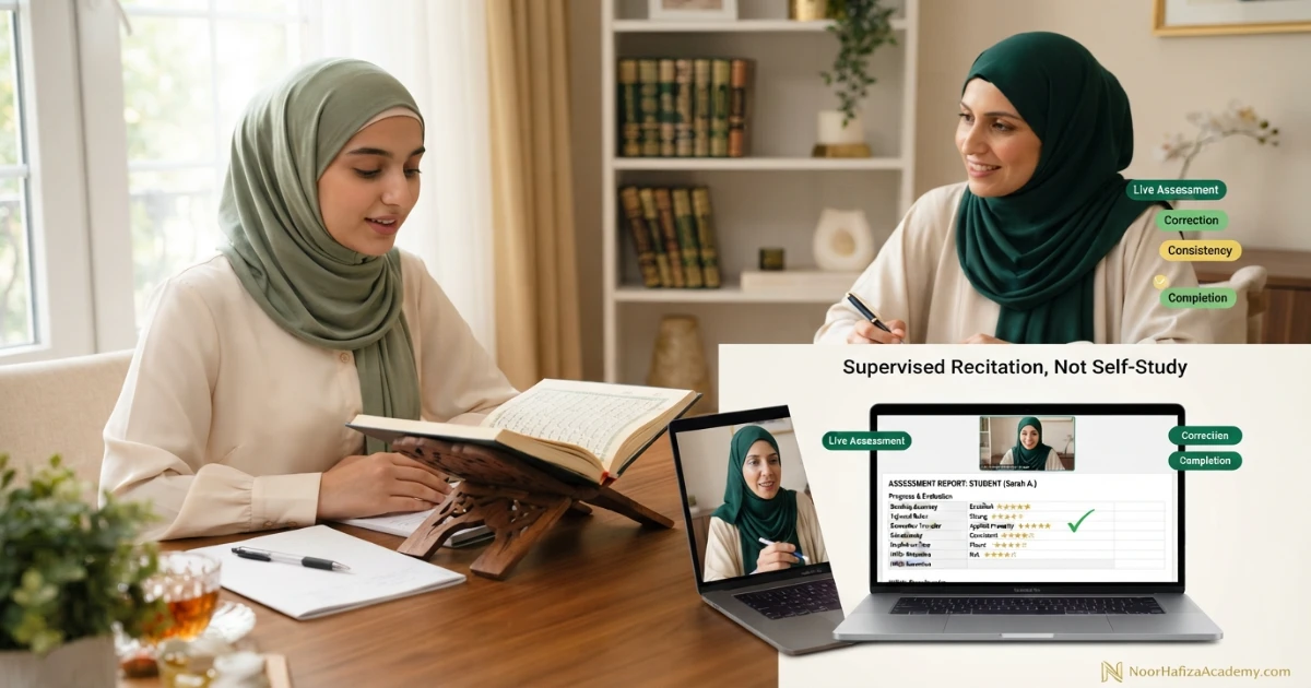 Female Quran teacher assessing a student’s full recitation accuracy Tajweed and consistency for ijazah