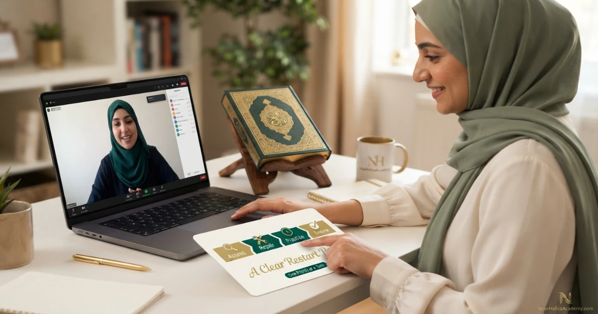 Adult Muslim woman reviewing Noorani Qaida foundations before returning to Quran reading