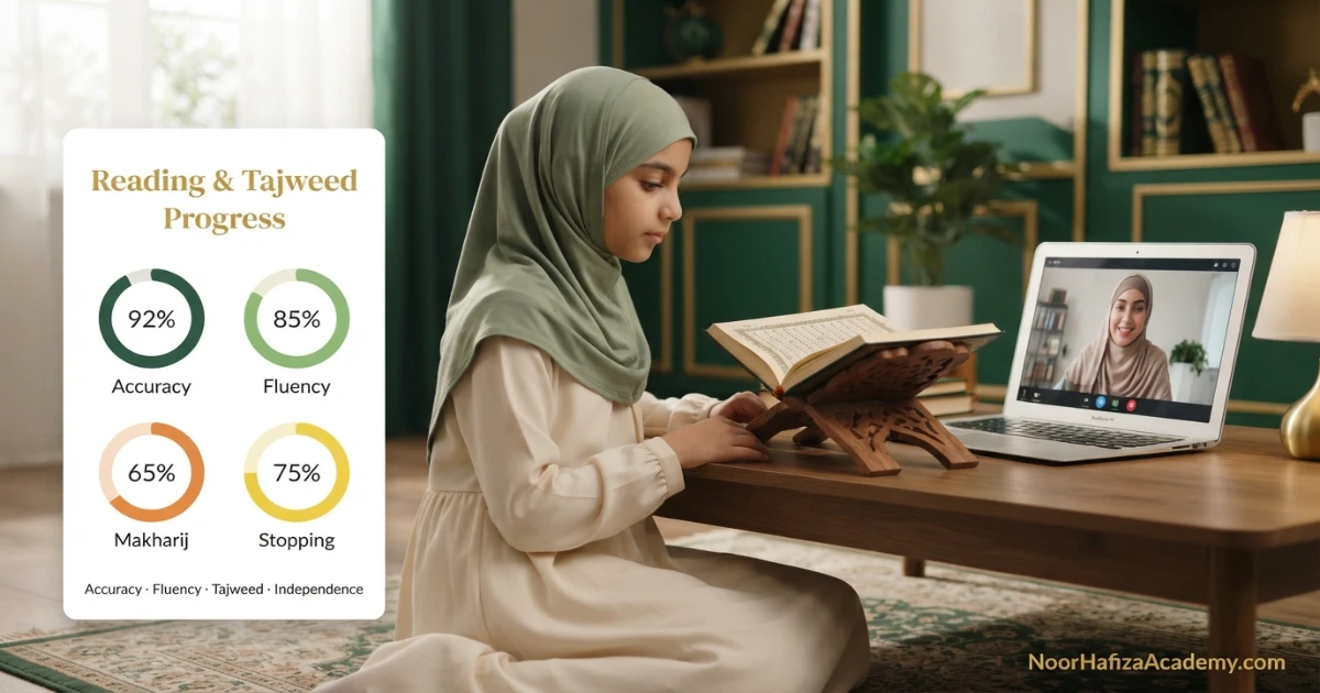 Quran reading and Tajweed progress metrics including accuracy fluency Makharij stopping and independent recitation