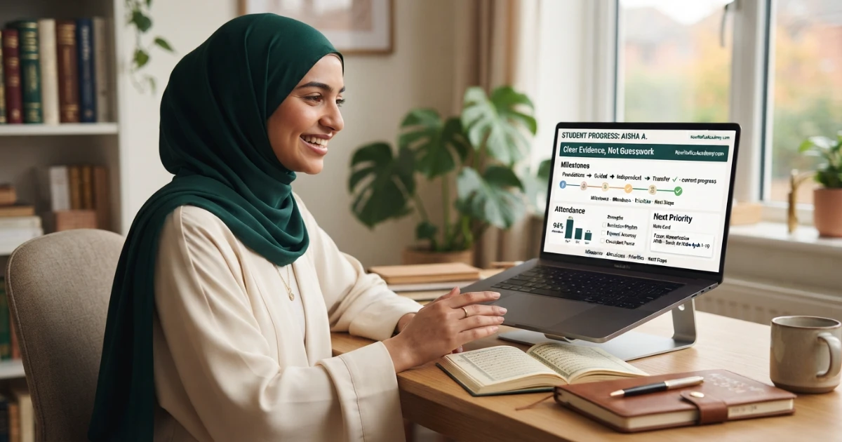 Quran student progress dashboard showing milestones strengths priorities attendance and next steps