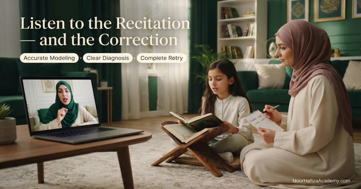 Parent evaluating an online Quran teacher’s recitation accuracy Tajweed and correction during a live lesson