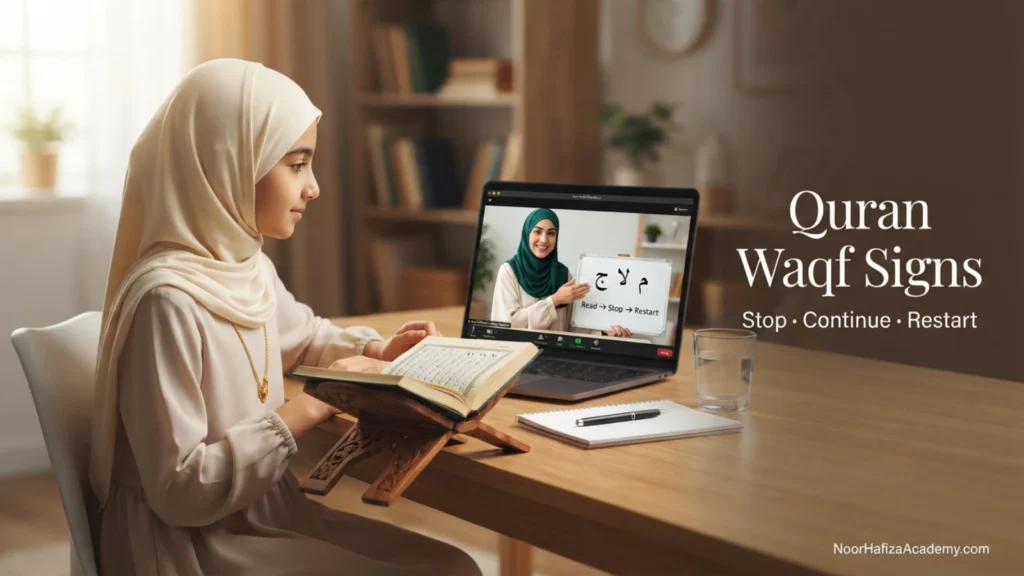 Quran Waqf signs explained by a female Quran teacher showing where to stop and start while reciting