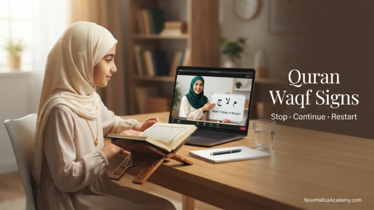 Quran Waqf signs explained by a female Quran teacher showing where to stop and start while reciting