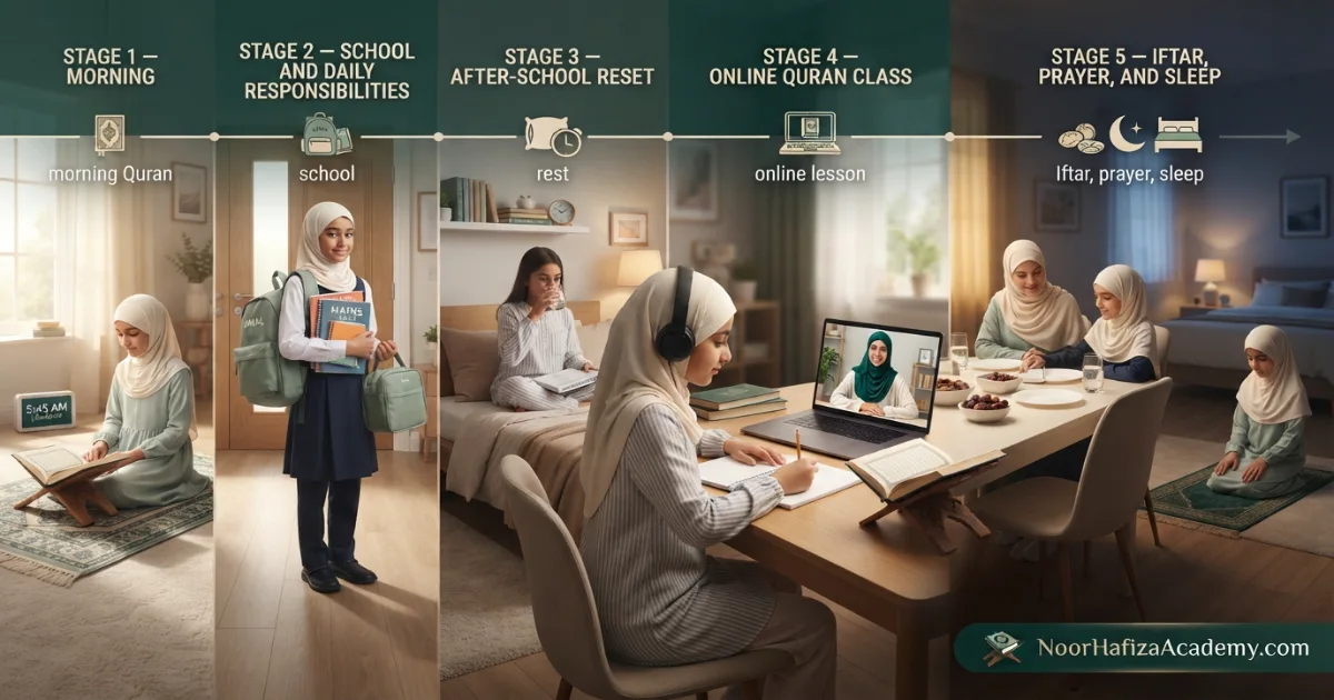 Daily Ramadan Quran routine for kids and beginners around school fasting prayer Iftar sleep and online classes