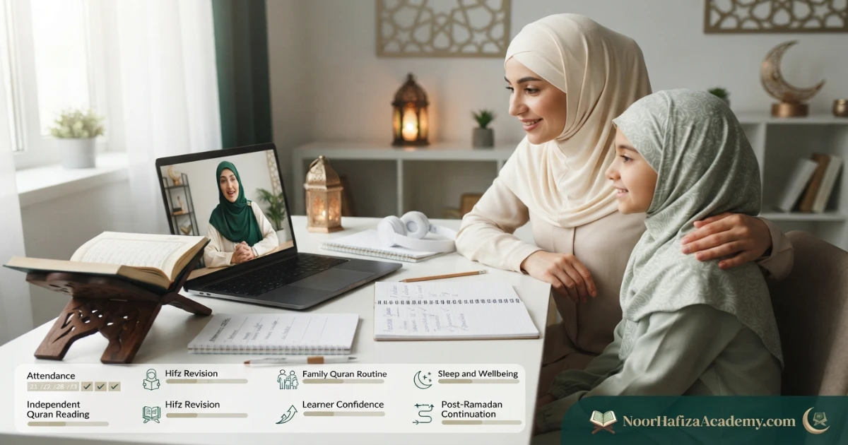 Female Quran teacher and mother reviewing a child’s Ramadan Quran goals attendance practice and progress