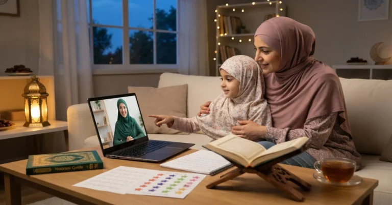 Ramadan Quran learning plan for families kids and beginners with a female Quran teacher guiding an online lesson.