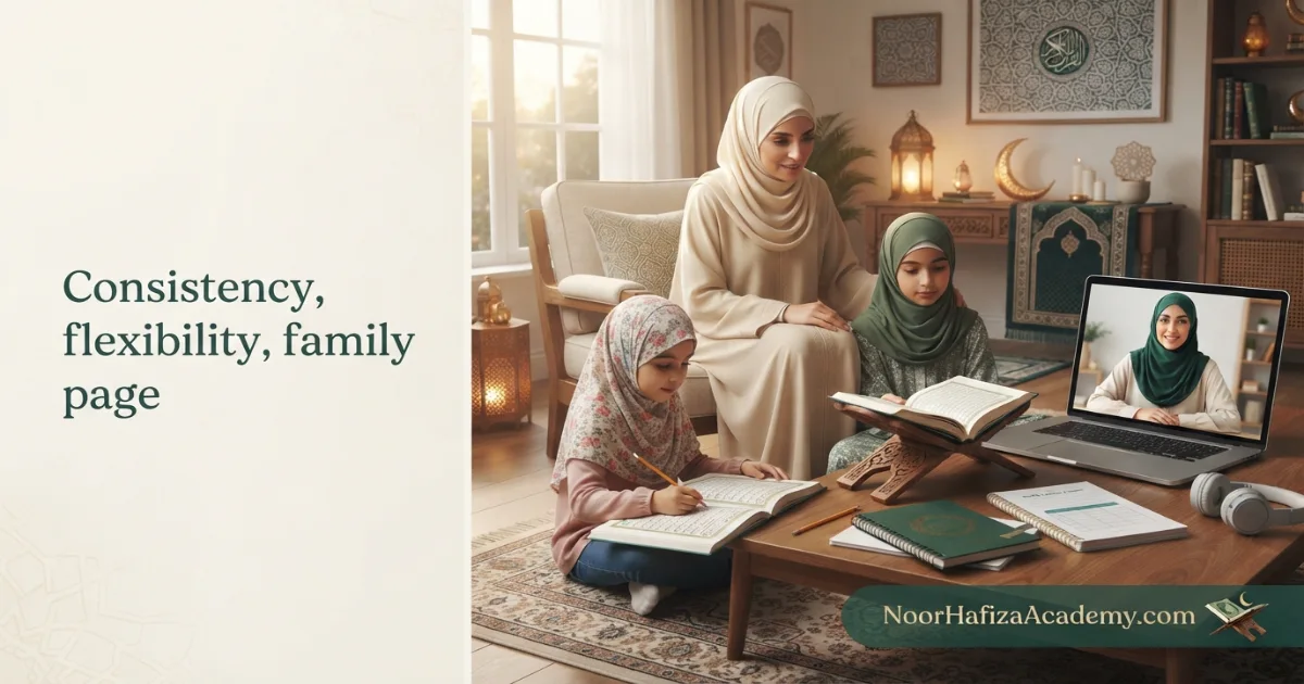 Ramadan Quran learning plan for families kids and beginners with a female Quran teacher guiding an online lesson