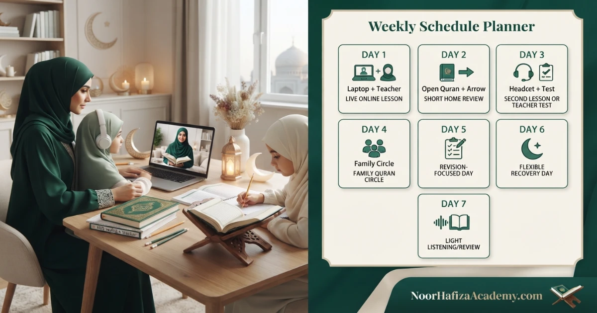 Weekly Ramadan family Quran schedule with online lessons home practice revision and flexible recovery days
