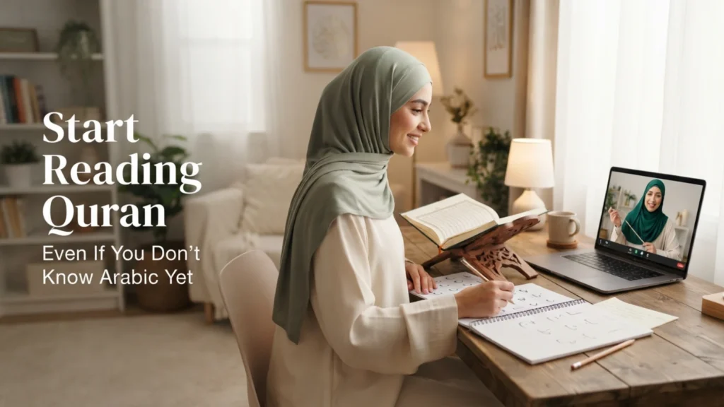 Muslim woman learning how to read the Quran without knowing Arabic with guidance from a female Quran teacher
