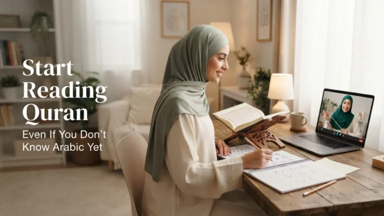 Muslim woman learning how to read the Quran without knowing Arabic with guidance from a female Quran teacher