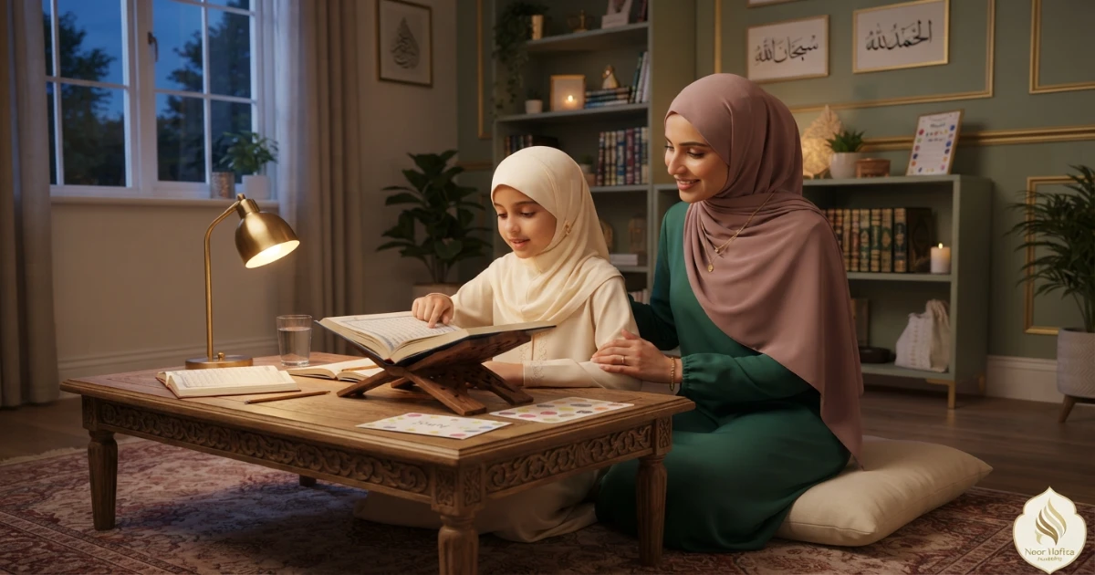 Positive Quran learning routine for a child with predictable timing short practice encouragement and family support