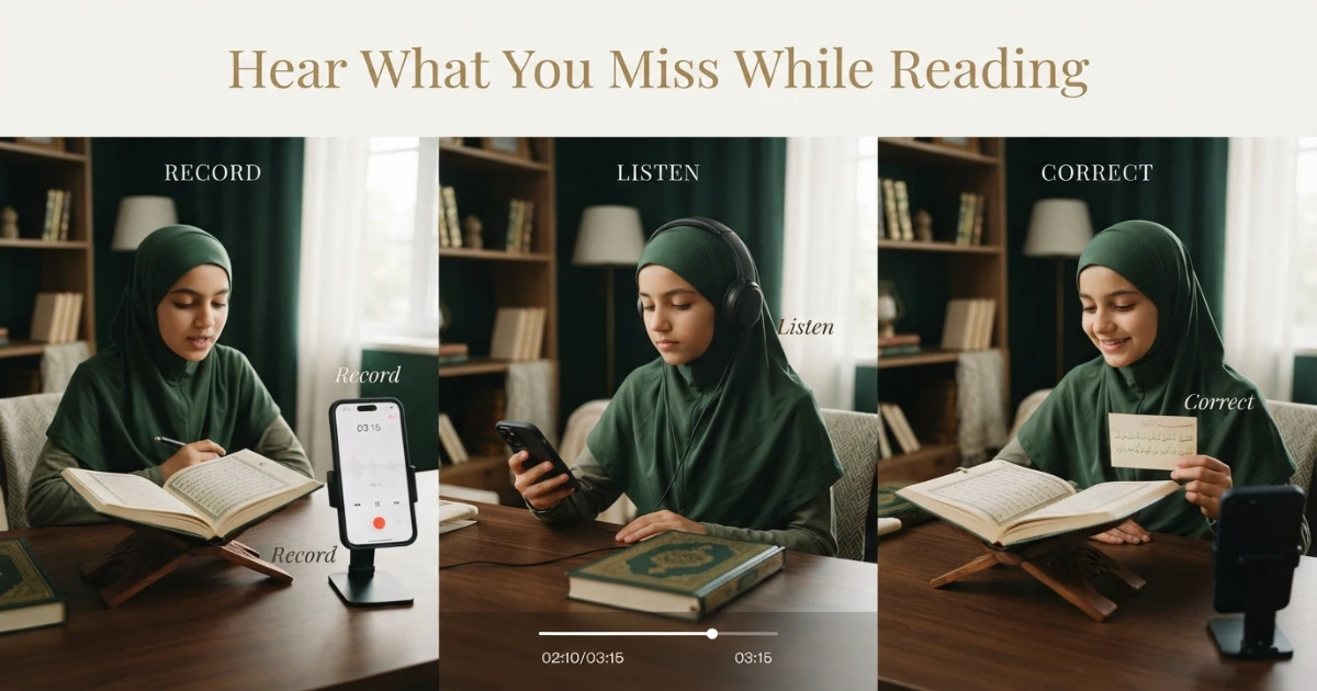 Muslim student recording Quran recitation and listening back to improve Tajweed