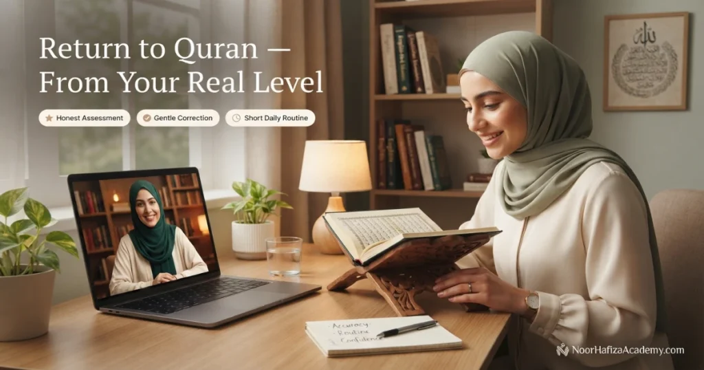 Muslim woman restarting Quran reading after a long gap with guidance from a female Quran teacher online