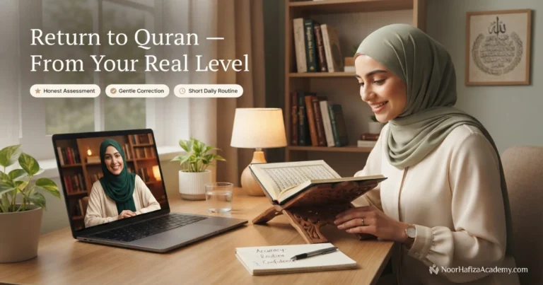 Muslim woman restarting Quran reading after a long gap with guidance from a female Quran teacher online
